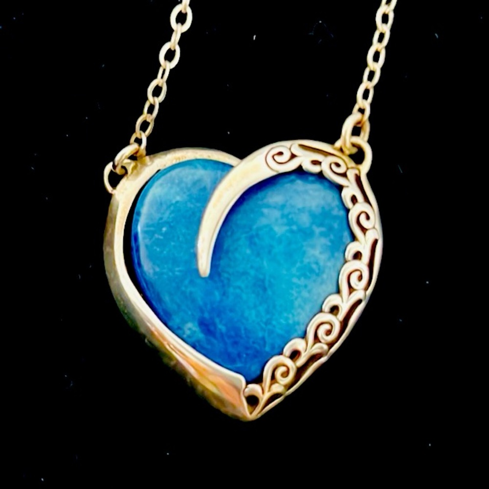 Vintage / Filigree Natural Lapis Heart Necklace / Sterling Silver - Picture 6 of 12